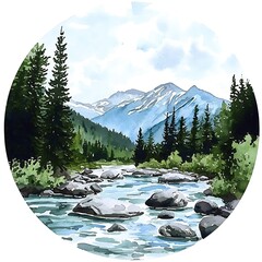 Wall Mural - Watercolor painting of a mountain river flowing through a forest.