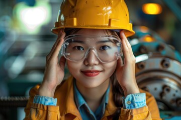 Poster - Asian woman worker at metal lathe factory  wearing safety gear.
