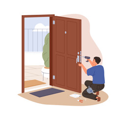 Poster - Locksmith repairing broken door, installing, changing. New lock installation. Professional handyman worker adjusting and fixing entry with tools. Flat vector illustration isolated on white background