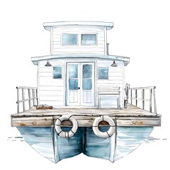 Wall Mural - Watercolor Illustration of a Houseboat on the Water.