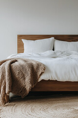 Wall Mural - A wooden bed frame with white linen bedding and a woven throw blanket at the foot