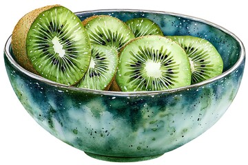 Wall Mural - Watercolor Illustration of Kiwi Slices in a Bowl.