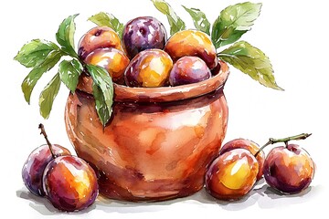 Wall Mural - Watercolor Illustration of Plums in a Clay Pot.