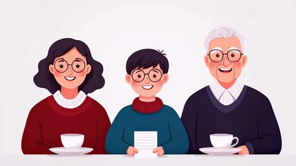 A cheerful family scene featuring a boy between his parents, all wearing glasses and enjoying a warm beverage together.