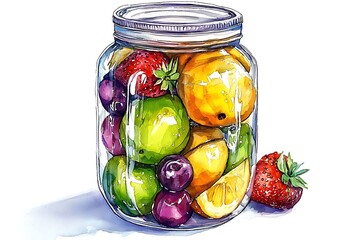 Canvas Print - Watercolor Illustration of Fresh Fruit in a Glass Jar.