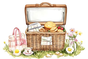 Wall Mural - Watercolor Illustration of a Picnic Basket with Snacks and Flowers.