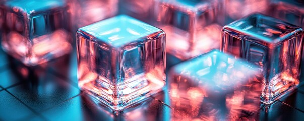 Poster - Abstract Glass Cubes Neon Lights Red Blue Texture Background