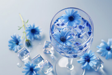 Poster - A refreshing drink is presented in a glass filled with clear ice and blue flowers, set against a light blue background that enhances the vibrant colors and aesthetics of the composition for drinks.