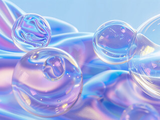 Poster - An abstract composition showcases clear bubbles floating above a smooth, iridescent surface, reflecting light and color for a visually engaging effect for graphic resources.