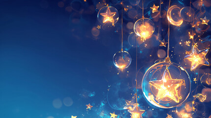 Poster - A magical scene depicts glowing star-shaped ornaments hanging against a deep blue background, creating a festive and enchanting atmosphere filled with light for holiday.