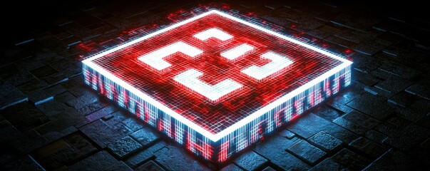 Poster - Futuristic Neon Red Blue Digital Symbol on Dark Surface