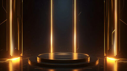 Poster - A sleek, futuristic stage design showcases a circular platform illuminated by vertical beams of golden light, creating a dramatic and high-tech environment for technology.