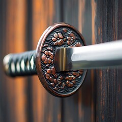 Sticker - Closeup of a Japanese Sword with Ornate Floral Design.