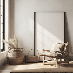 Poster - A cozy interior scene features a comfortable chair beside a large window, with a neutral-toned wall and a blank canvas, creating a tranquil and inviting atmosphere for lifestyle.