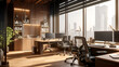© Yuki - A contemporary office setting features sleek wooden desks and large windows showcasing a city view, creating a professional and inviting workspace for business.