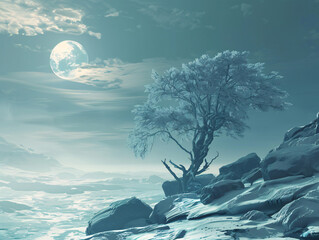 Poster - A surreal landscape featuring a solitary tree on rocky terrain under a large moon, surrounded by mist, creating an ethereal atmosphere for landscapes.
