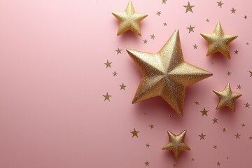 Wall Mural - Sparkling Gold Stars on Pink Background Festive Decor