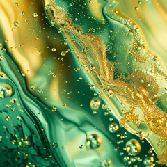 Poster - An abstract image displays swirling green and gold liquid textures with bubbles, creating a dynamic and luxurious visual effect that captures the essence of fluid art for graphic resources.