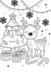 Wall Mural -  reindeer, black and white outline cartoon illustration for a coloring book page kids