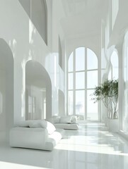 Poster - A minimalist white interior with sleek glass walls, perfect for creating an open and airy feel in the living room of your villa or apartment. generative ai