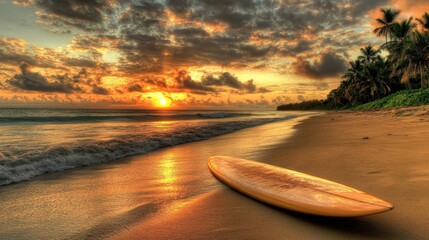 Wall Mural - Single surfboard on a sandy beach with the sun setting in the background; serene, tropical scene with warm tones