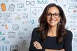 © PaulShlykov - A professional woman poses confidently with arms crossed against a backdrop of abstract business sketches and charts in a modern workspace