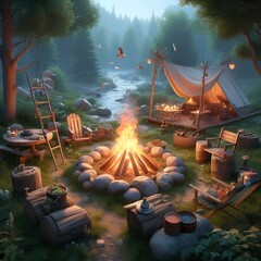 Wall Mural - Outdoor campfire isolated on white background