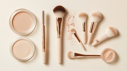 powder makeup and brushes on a beige background