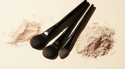 powder makeup and brushes on a beige background