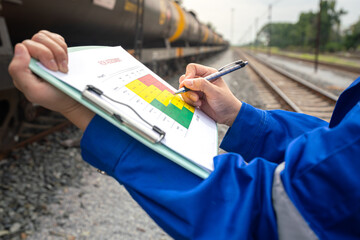 Wall Mural - a project engineer is writing on risk assessment matrix with different color that represent as risk 