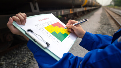 Wall Mural - a project engineer is writing on risk assessment matrix with different color that represent as risk 