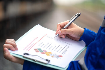 Wall Mural - a worker is checking on chemical hazardous material checklist form with background of train tanker t