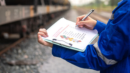 Wall Mural - a worker is checking on chemical hazardous material checklist form with background of train tanker t