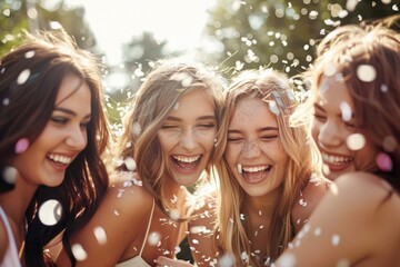 Group shot of young women celebrating their friend  s forthcoming marriage  hen party