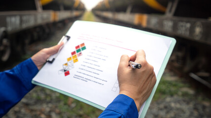 Wall Mural - a worker is checking on chemical hazardous material checklist form with background of train tanker t