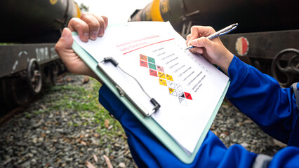 Wall Mural - a worker is checking on chemical hazardous material checklist form with background of train tanker t