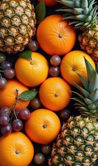 Wall Mural - A vibrant array of fresh fruits including oranges, grapes, and pineapples. Perfect for health, nutrition, or food industry visuals.