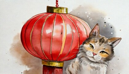 Charming watercolor illustration of a cat beside a large red Chinese lantern, combining festive and cultural elements with a cute animal theme.