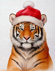 Watercolor illustration of a tiger with a serious expression wearing a red Santa hat, blending wild nature with holiday cheer.