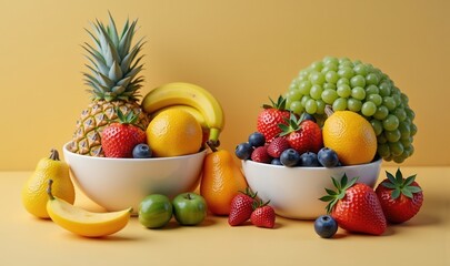 Wall Mural - Vibrant bowls of fresh fruits including pineapples, bananas, strawberries, and grapes, perfect for health, wellness, and culinary themes.