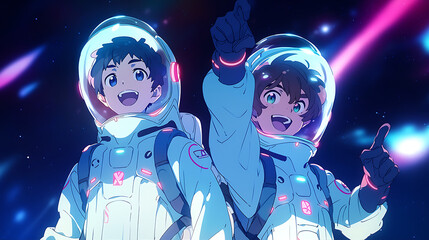 two anime characters astronaut costumes space background