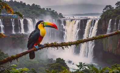 colorful bird is perched on a branch near a waterfall