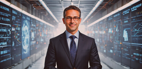 Poster - Man in a suit and tie stands in front of a wall of computer monitors