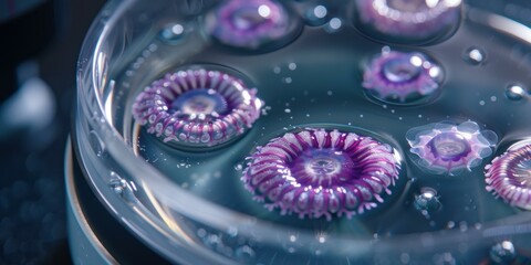 Wall Mural - Purple sea anemones in a glass  dish. AI.