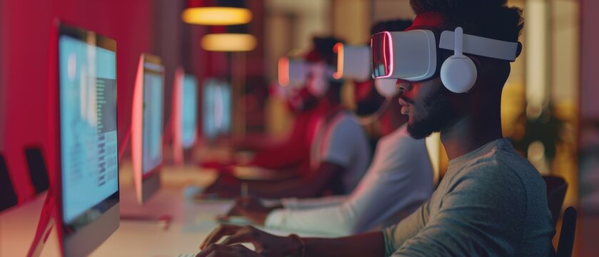 A man wearing VR goggles uses a computer. AI.