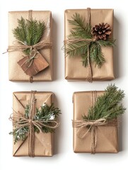 Wall Mural - Festive holiday gifts wrapped in rustic kraft paper, adorned with twine and pine sprigs, create a cozy Christmas atmosphere on white background.