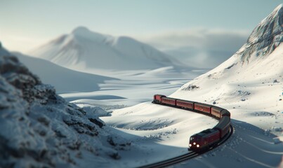 Canvas Print - A red train winds through a snowy mountain landscape. AI.