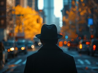 Sticker - A person in a hat walks down a busy street. AI.