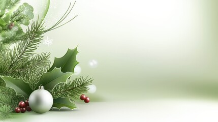 Poster - Green Christmas background with holly and pine, fresh and natural on white, for seasonal designs.