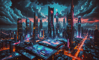 Poster - Cityscape with a neon sign that says 